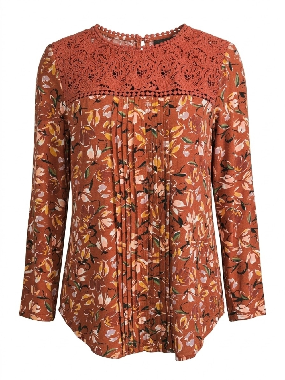 Daniel Rainn Rust Floral Lace-Yoke Long Sleeve Top
